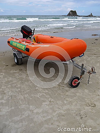 Beach: surf life-saving inflatable boat Stock Photo