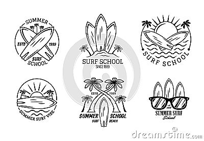 Beach Surf School Signs Thin Line Badges Icons Set. Vector Vector Illustration