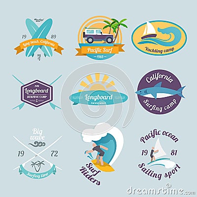 Surfing labels set Vector Illustration