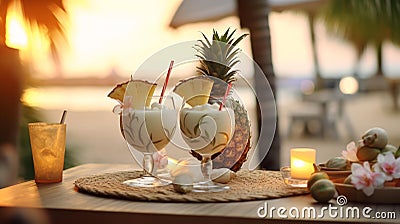 Beach table setting with a table adorned with beautifully garnished pina colada glasses evoking a sense, AI Generated Stock Photo