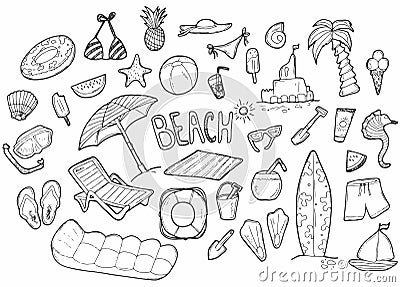 Beach theme doodle set. Various seaside sport activities and relaxation - surfing, diving, swimming, sun tanning Vector Illustration