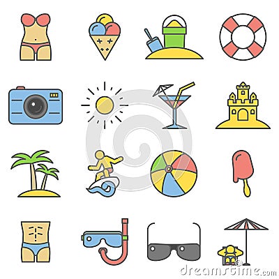 Beach thin line flat icons. Vector summer signs Vector Illustration