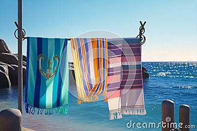 beach towels hung on anchors by the sea, generative Ai Stock Photo