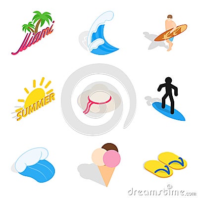 Beach town icons set, isometric style Vector Illustration