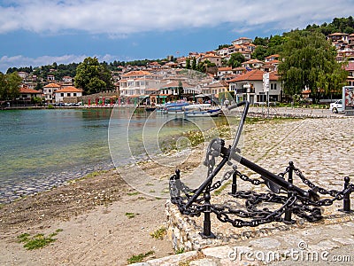 The beach and town of Ohrid, on Lake Ohrid, in North Macedonia. Editorial Stock Photo