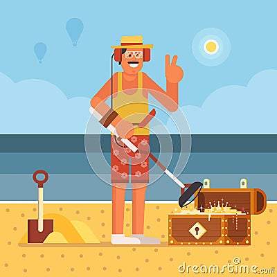 Beach Treasure Hunter with Metal Detector Vector Illustration