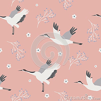 Beach tropical seamless pattern with cranes Vector Illustration