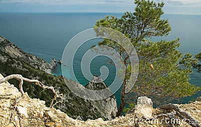 Beach of two sisters spiaggia delle due sorelle seen from the wolfs step in the park of Mount Conero Italy Stock Photo