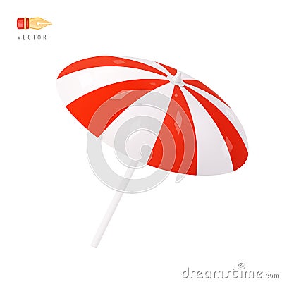 Beach Umbrella. Colorful white and red striped Summer Parasol. Object isolated on white background. Realistic cartoon 3d icon. Vector Illustration
