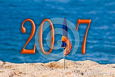 2017, beach umbrella sea background Stock Photo