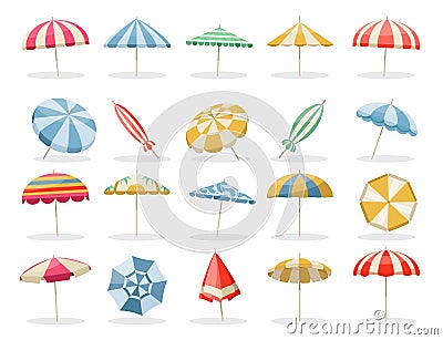 Beach umbrella. Summer parasol, protection from sun flat design, colorful top view of sea beach sunshade, holiday and Vector Illustration