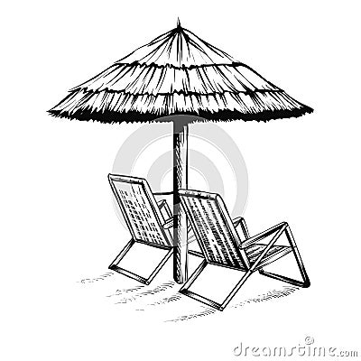 Beach umbrella with sun loungers, vector sketch isolated on white background. Vector Illustration