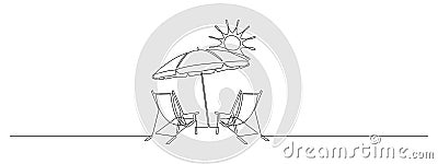 Beach umbrella and two chairs in one continuous line drawing. Concept of holiday summer and honeymoon in the Caribbean Vector Illustration