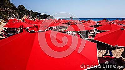 Beach Umbrellas on Makris Gialos Beach, Kefalonia, Greece Stock Photo