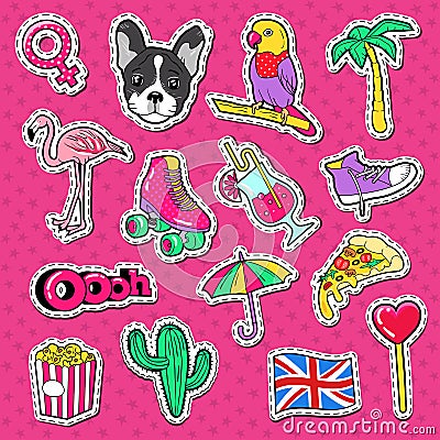 Beach Vacation Doodle. Young Woman Lifestyle Stickers, Badges and Patches with Flamingo Bird and Cocktail Vector Illustration