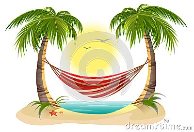 Beach vacation. Hammock between palm trees Vector Illustration
