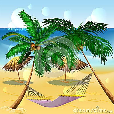 Beach vacation. Hammock between palm trees. Cartoon illustration in vector format Vector Illustration