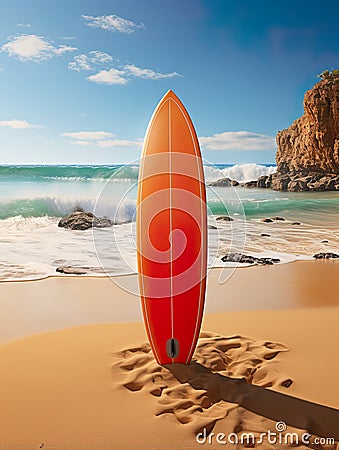 Beach vacation with a surfboard resting in the golden sand, against the backdrop of the sea and rugged rocks Stock Photo