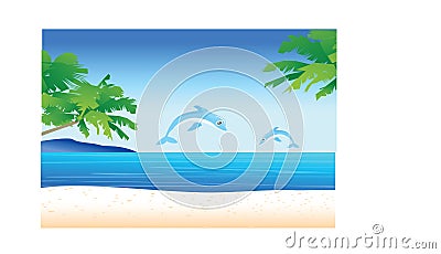 Beach view with cute dolphins Cartoon Illustration