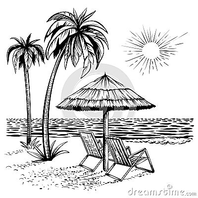 Beach view with palm, lounger and parasol, vector sketch illustration. Vector Illustration