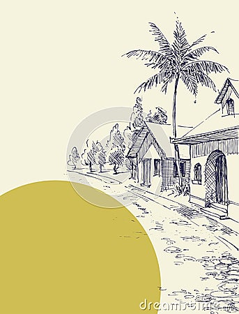 Beach village street, palm trees Vector Illustration