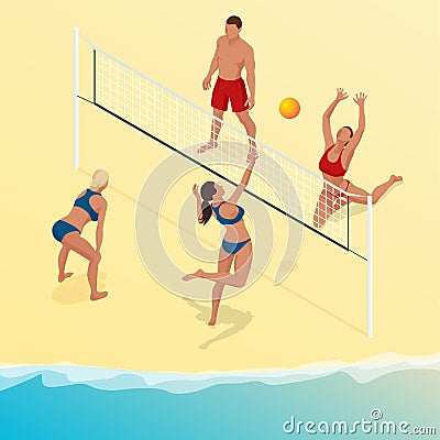 Beach volley ball player jumps on the net and tries to blocks the ball. Summer active holiday concept. Vector isometric Vector Illustration