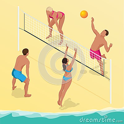 Beach volley ball player jumps on the net and tries to blocks the ball. Summer active holiday concept. Vector isometric Vector Illustration