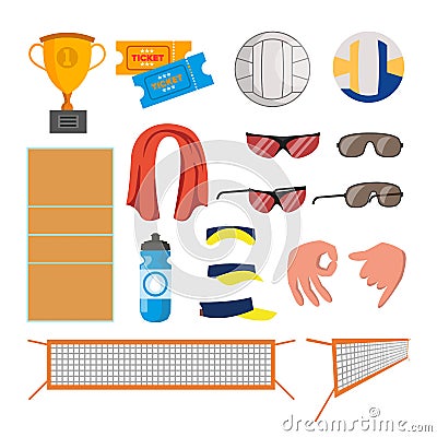 Beach Volleyball Icons Set Vector. Volleyball Accessories. Cup, Tickets, Ball, Glasses, Towel, Field, Water, Gestures Vector Illustration