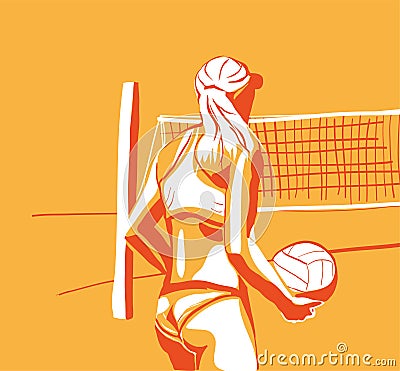 Beach Volleyball is popular sport game. Funny young team women with bal180-70BB25285063 Vector Illustration