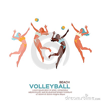 Beach Volleyball. Sport game. Funny young woman with ball. Vector Illustration