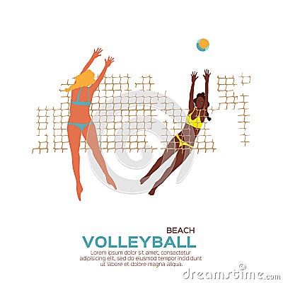 Beach Volleyball. Sport game. Funny young woman with ball. Vector Illustration