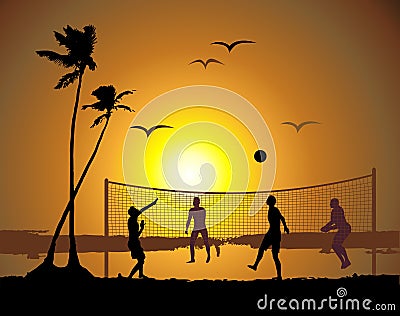 Beach volleyball, sunset Vector Illustration