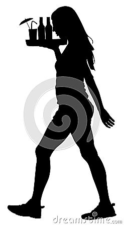 Beach waitress with full tray, waiter silhouette. Stock Photo