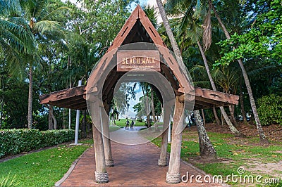 Beach walk sign at the entrance of Airlie Beach coastal walk Editorial Stock Photo