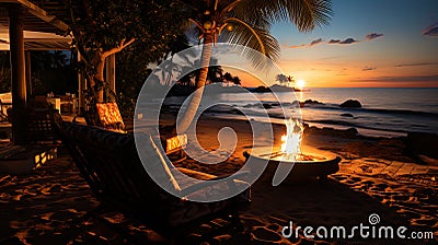 The beach is a warm evening, with the backlighting of palm trees, creating a cozy place for evenin Stock Photo