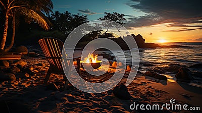 The beach is a warm evening, with the backlighting of palm trees, creating a cozy place for evenin Stock Photo