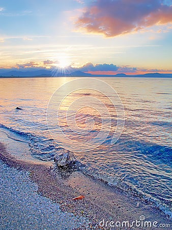 Beach, water and ocean view of blue sky and clouds at sunrise. Nature landscape of calm, stressless and peaceful sea in Stock Photo