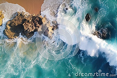 Beach and waves from top view. Summer seascape from air. Top view from drone. Stock Photo