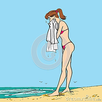 On the beach wet girl towel Vector Illustration