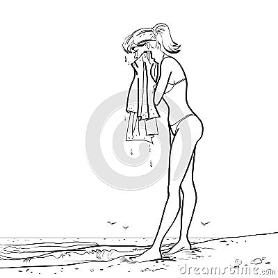 On the beach wet girl towel Vector Illustration