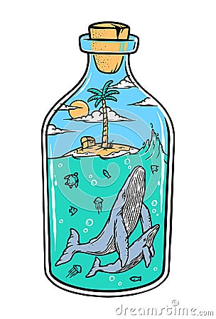 Beach and whale in a bottle illustration Vector Illustration