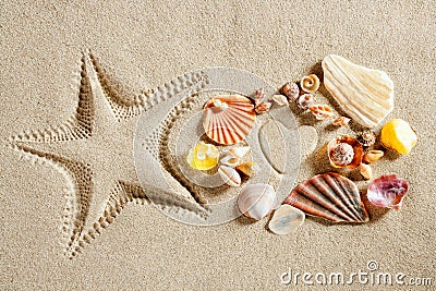 Beach white sand heart shape starfish print summer Stock Photo