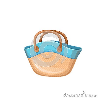 Beach wicker bag, isolated fashion straw handbag for summer travel vacation and holidays Vector Illustration
