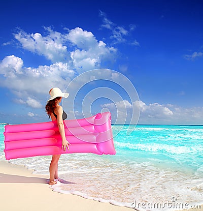 Beach woman floating lounge pink Stock Photo