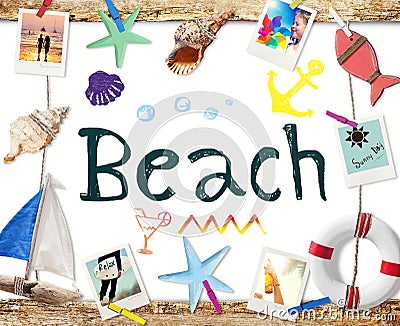 Beach Word on Whiteboard with Summer Objects and Photos Stock Photo