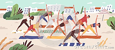 Beach yoga class flat vector illustration. People in sportswear doing yoga asanas on sandy beach. Healthy lifestyle Vector Illustration