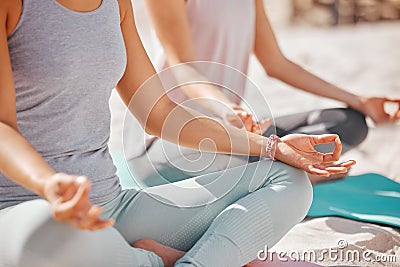 Beach yoga meditation, zen and friends mudra hands in lotus pose for nature, exercise and workout. Calm energy, focus Stock Photo