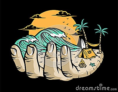 Beach on your hands illustration Vector Illustration