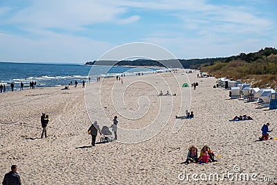 The beach of Zempin on the siel Usedom with many people, beach chairs and tents Editorial Stock Photo