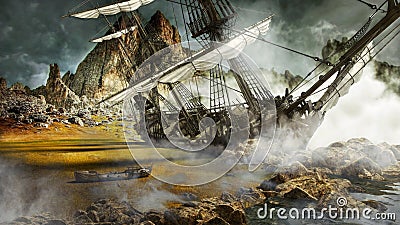 Beached pirate ship in a mystical scenic land. Stock Photo